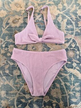 Lively Lavender Textured Tie-Front Bandeau Bikini Set